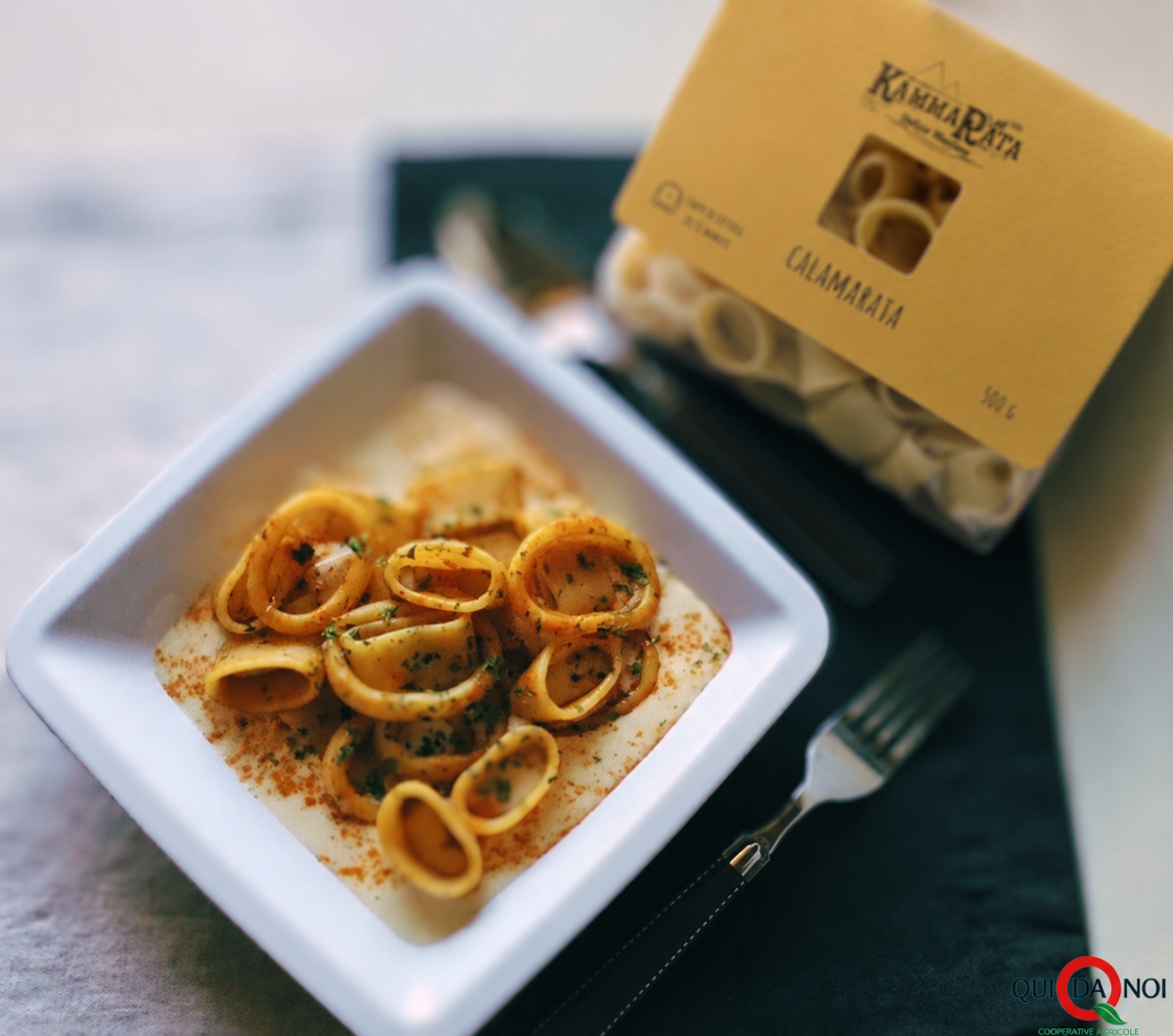 Calamarata con Anelli di Totano su Crema di Fagioli